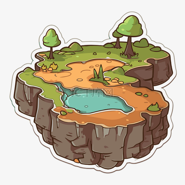 贴纸上有一个可爱的小岛，有池塘