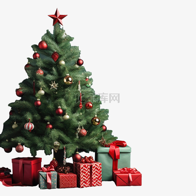 圣诞组合物，圣诞树和绿色的红色