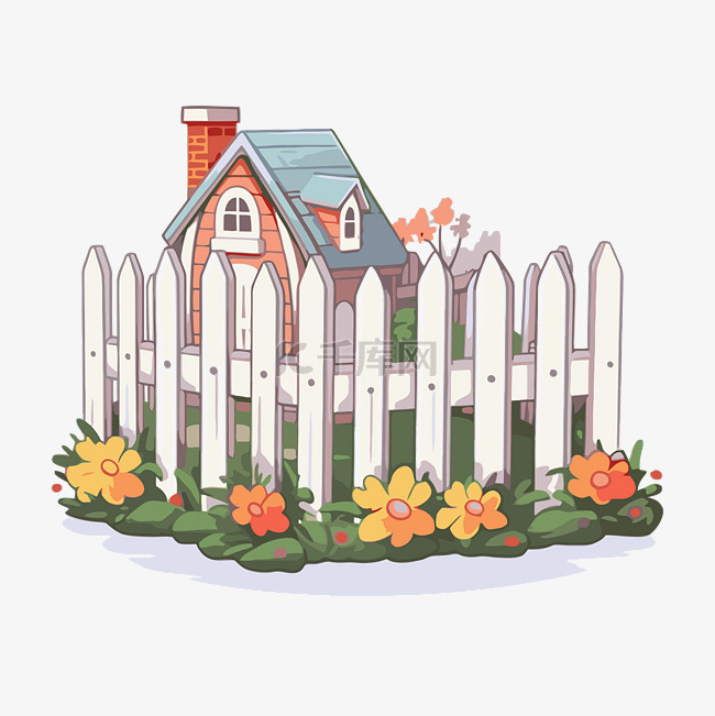 白色尖桩篱笆剪贴画上的一座小房