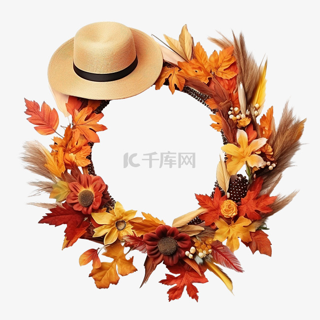 秋叶和感恩节帽子的装饰花环