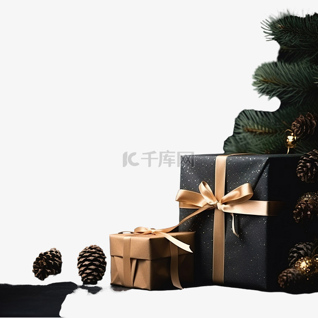 圣诞礼品盒和松树，黑色圣诞装饰