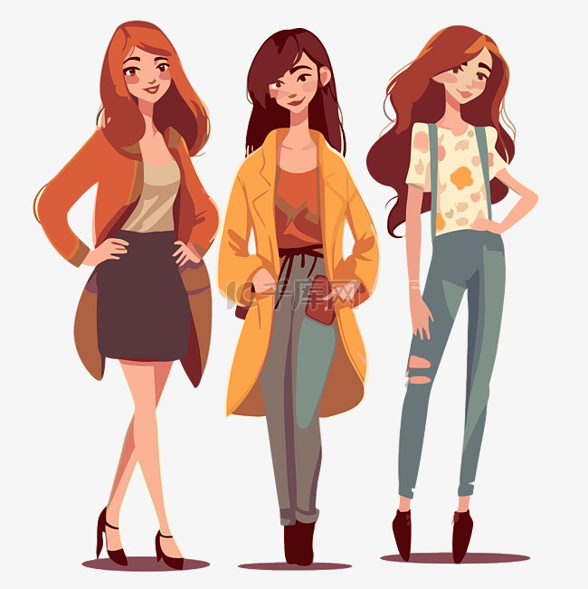 年轻女性剪贴画三个美丽时尚女性