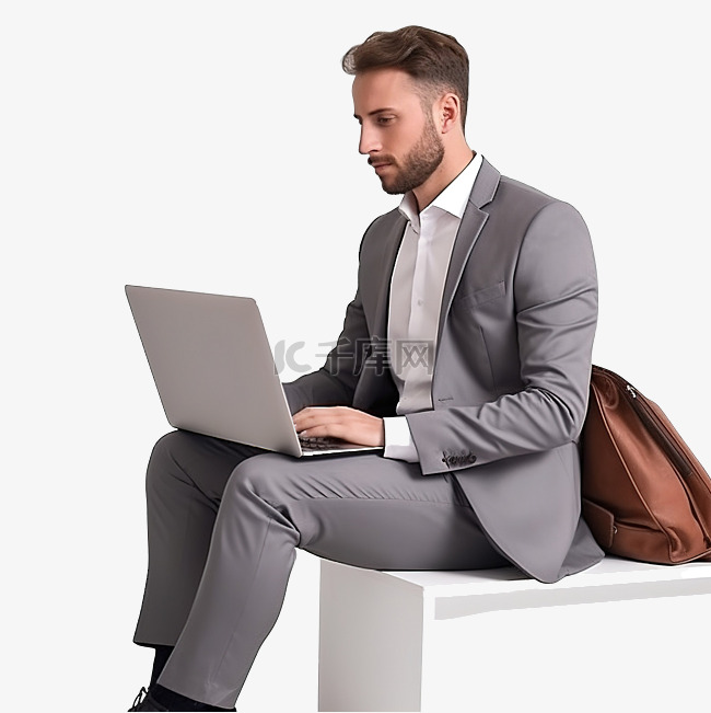 穿着西装的男人与坐在笔记本电脑