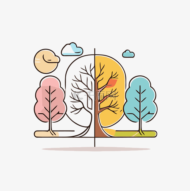 秋季夏季和冬季树木的彩色扁线图