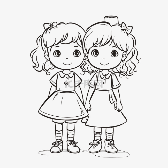 两个小姐妹牵着手着色页轮廓素描