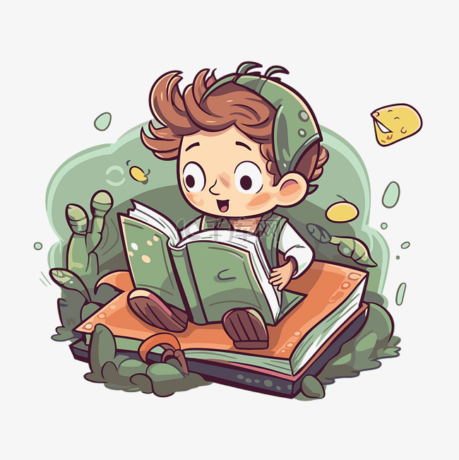 卡通寓言男孩在丛林中读书，周围