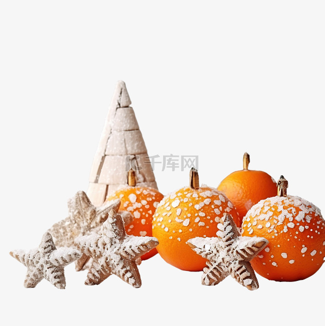 雪上木桌上的圣诞橘子和圣诞玩具