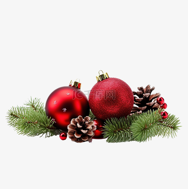 红色圣诞小玩意与冷杉树枝