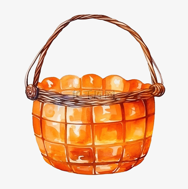 水彩玻璃篮橙色篮子挂在绳子上，