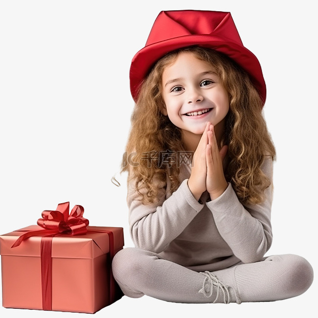 戴帽子的漂亮小女孩坐在礼物和圣