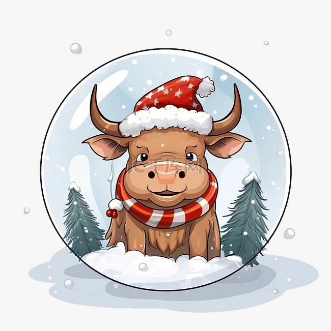 圣诞雪球里放着一堆礼物的公牛
