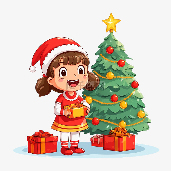 拿着礼品盒的女孩站在圣诞树旁