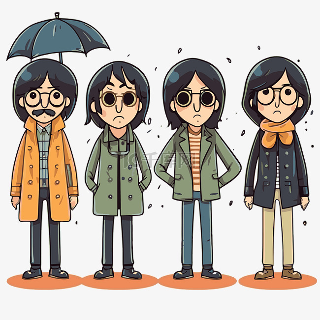 披头士乐队的剪贴画，由五个穿着