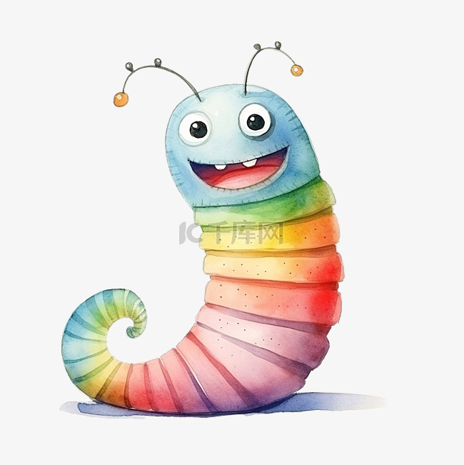 水彩插图彩虹条纹蚯蚓怪物