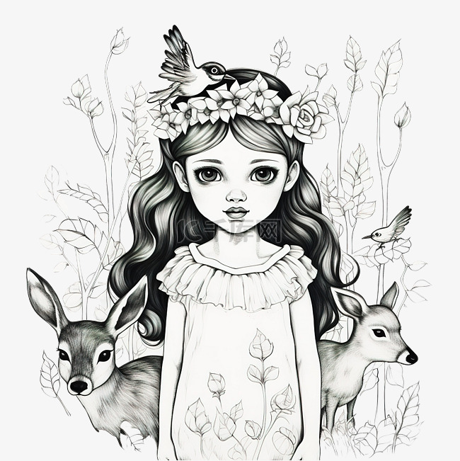 一幅黑白画，画的是一个女孩与鹿