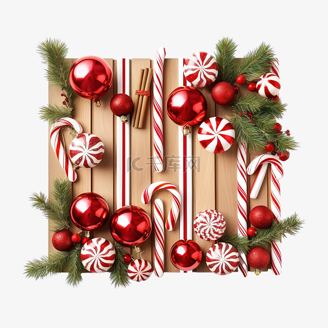 木板上有拐杖糖和圣诞小玩意的节