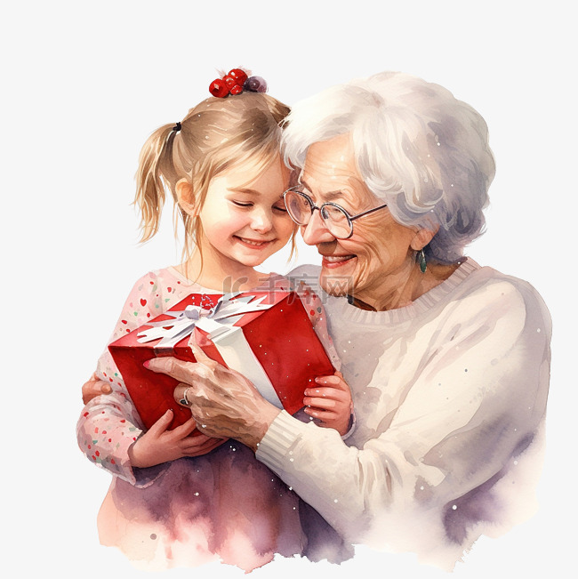 祖母拥抱并给她的孙女一份圣诞礼