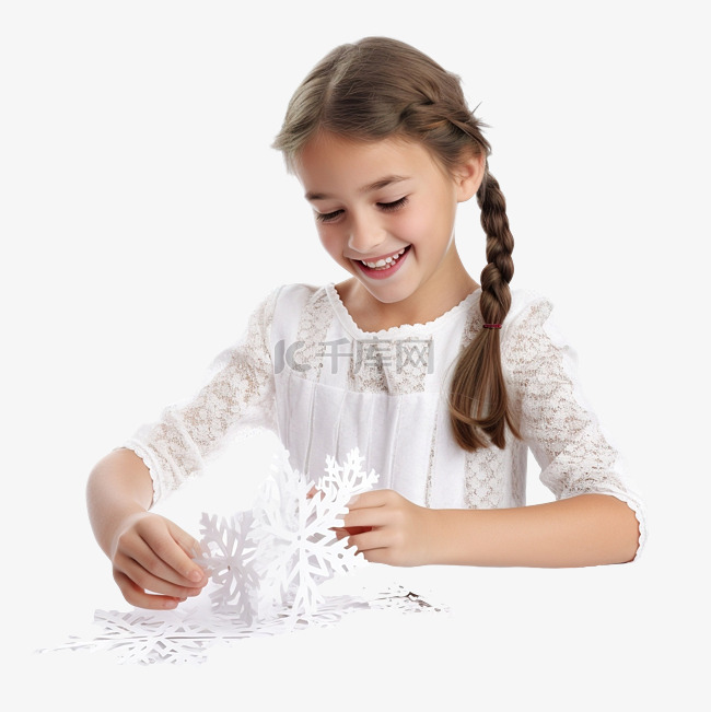 可爱的女孩制作纸雪花来装饰圣诞
