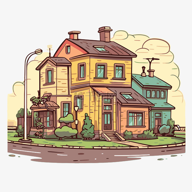 郊区剪贴画卡通风格的房子在街上