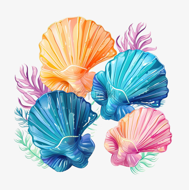 色彩缤纷的热带贝壳水下插画