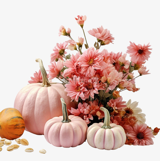 南瓜和粉红色花朵的感恩节问候