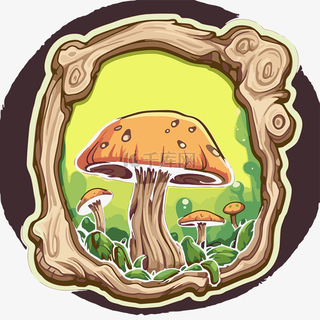 一个带有蘑菇的旧木框剪贴画 向