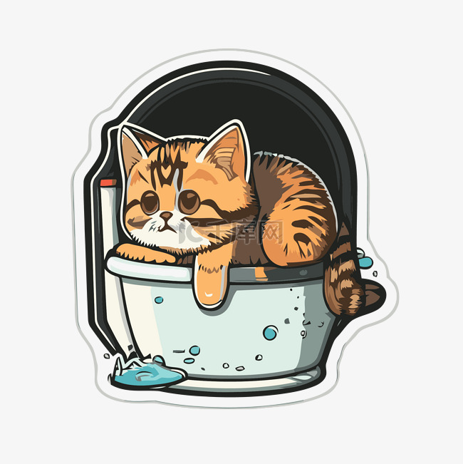 猫贴纸显示一只猫在水盆里 向量