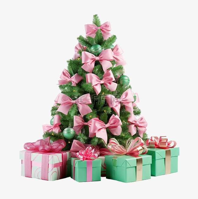 一棵圣诞树，下面有粉色和绿色的