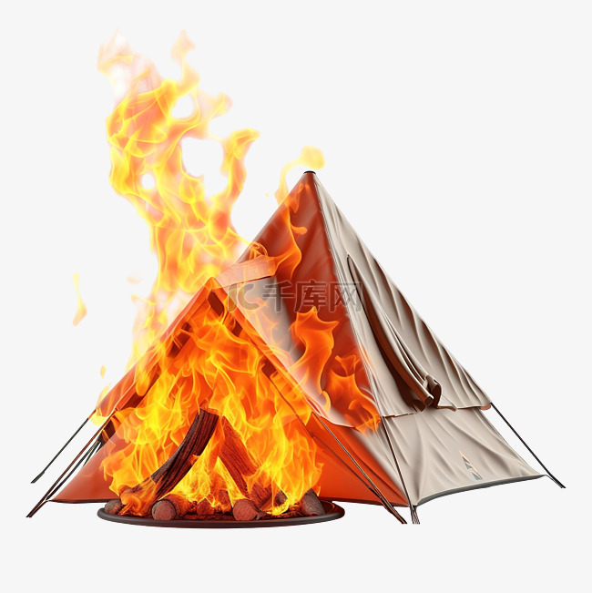 有火的帐篷 3d 插图