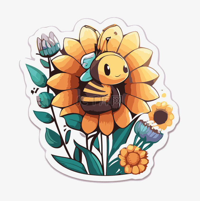 花朵中的蜜蜂剪贴画的贴纸 向量