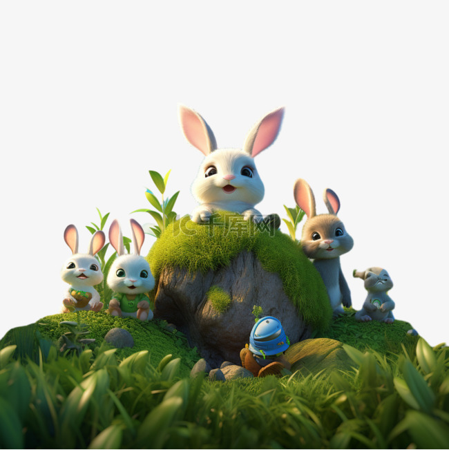 艺术兔子家族元素立体免抠图案