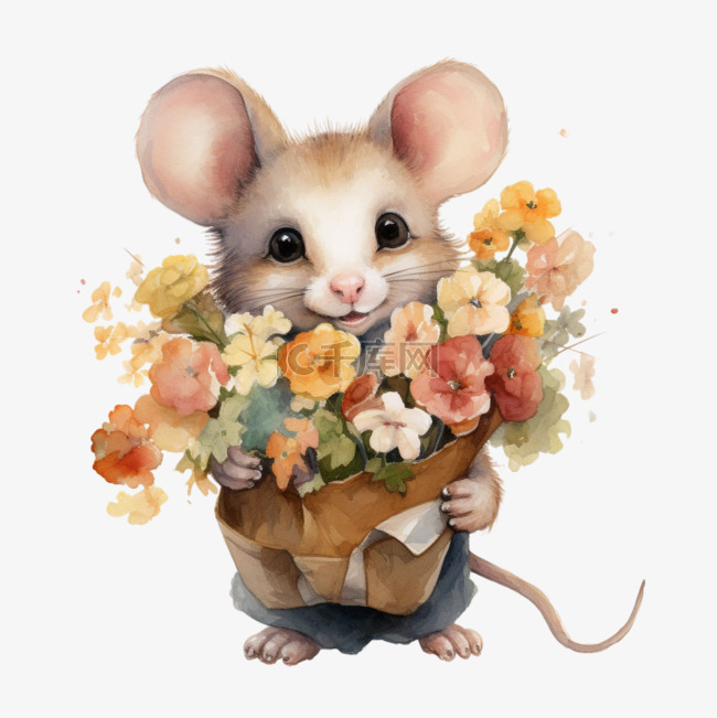 矢量花朵和老鼠元素立体免抠图案