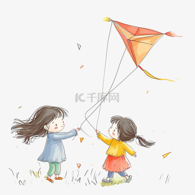 孩子放风筝玩耍春天卡通手绘元素