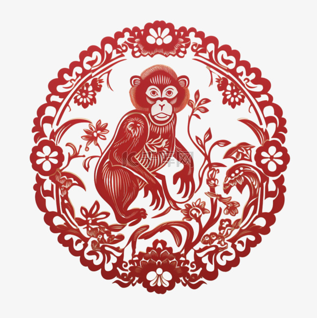 红色剪纸风传统十二生肖猴免抠图