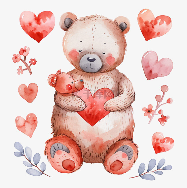 情人节手绘可爱小熊爱心免抠元素