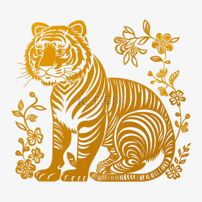 金色剪纸风传统十二生肖虎设计图