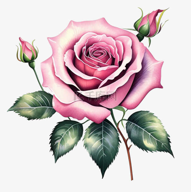 玫瑰粉红复古手绘花卉免抠素材