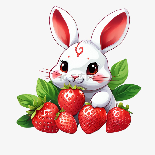 小白兔草莓扁平插画元素