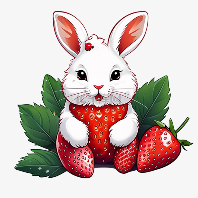 小白兔草莓扁平插画元素