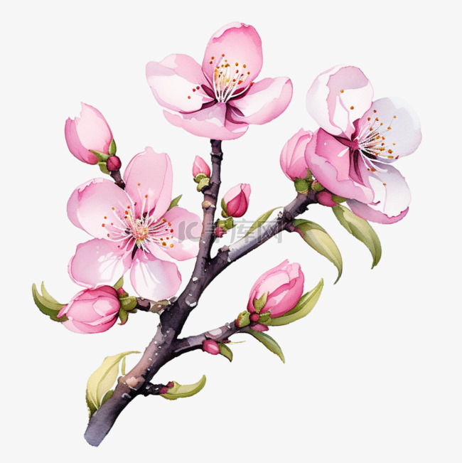 简单桃花水彩树枝插画素材