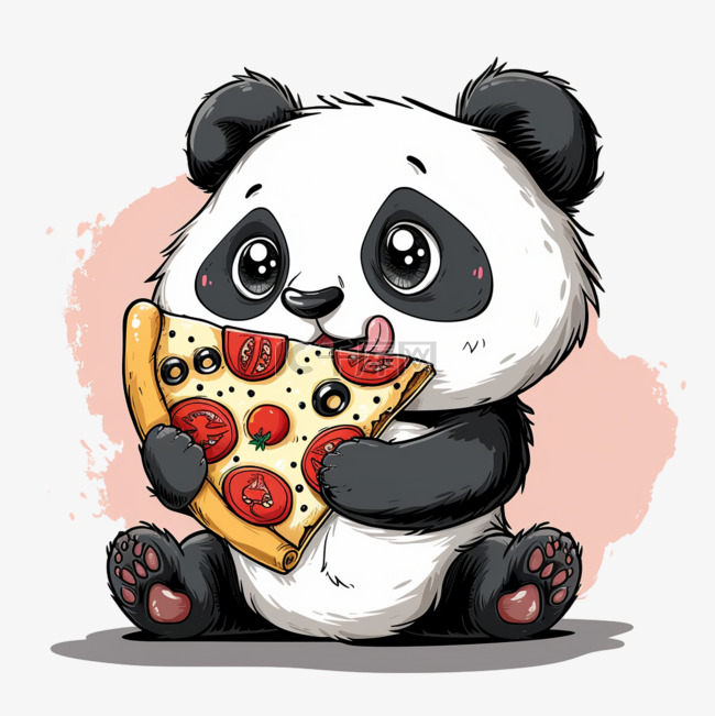 可爱熊猫手绘披萨卡通元素