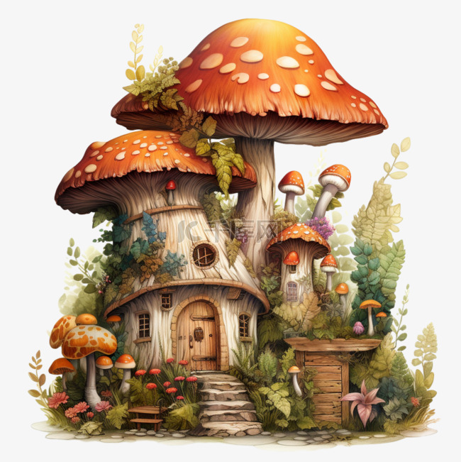 质感蘑菇树屋元素立体免抠图案