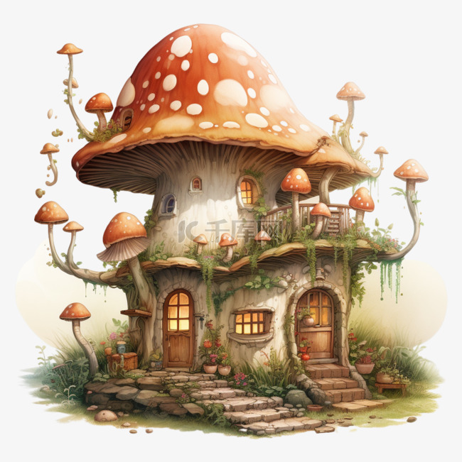 矢量蘑菇树屋元素立体免抠图案