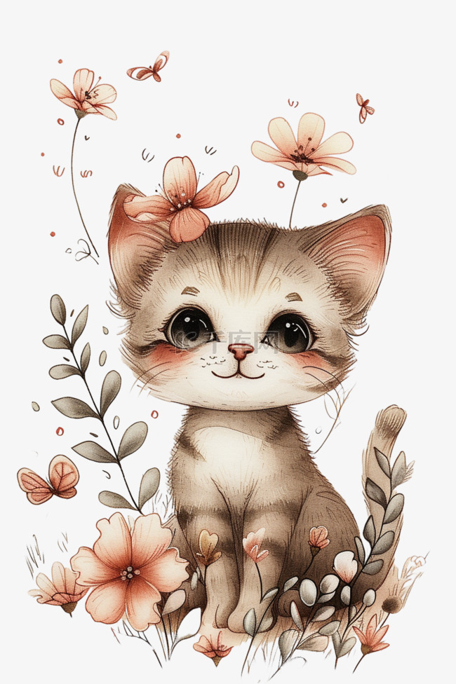 春天可爱小猫手绘免抠卡通元素