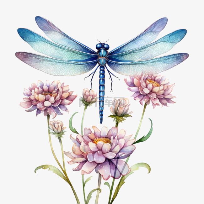 简洁蜻蜓粉花元素立体免抠图案