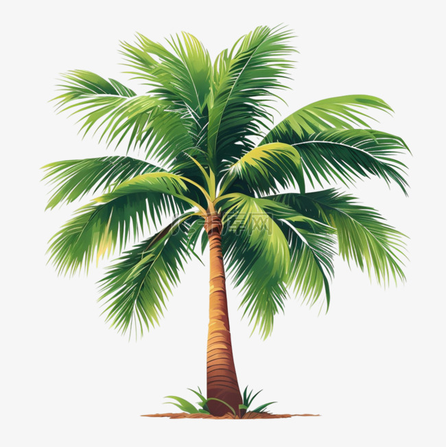 椰子树绿叶圆椰子手绘免抠元素