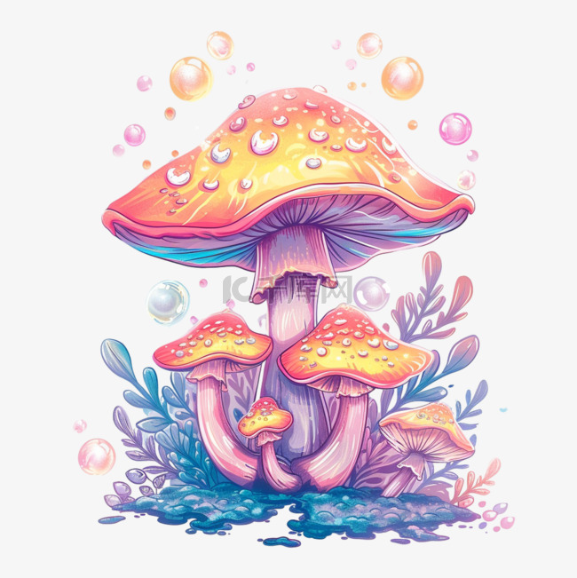 植物元素蘑菇彩色梦幻插画免抠