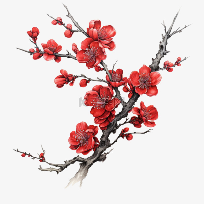 素材枝头红花元素立体免抠图案