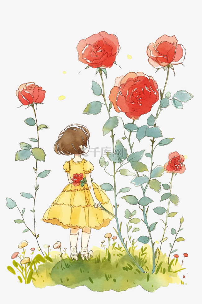 可爱女孩鲜花草地手绘免抠元素春