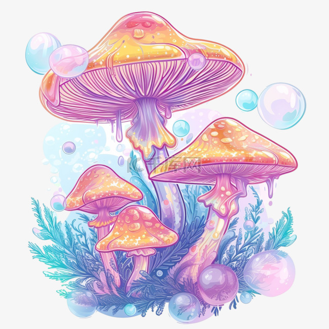 植物蘑菇彩色梦幻插画免抠元素